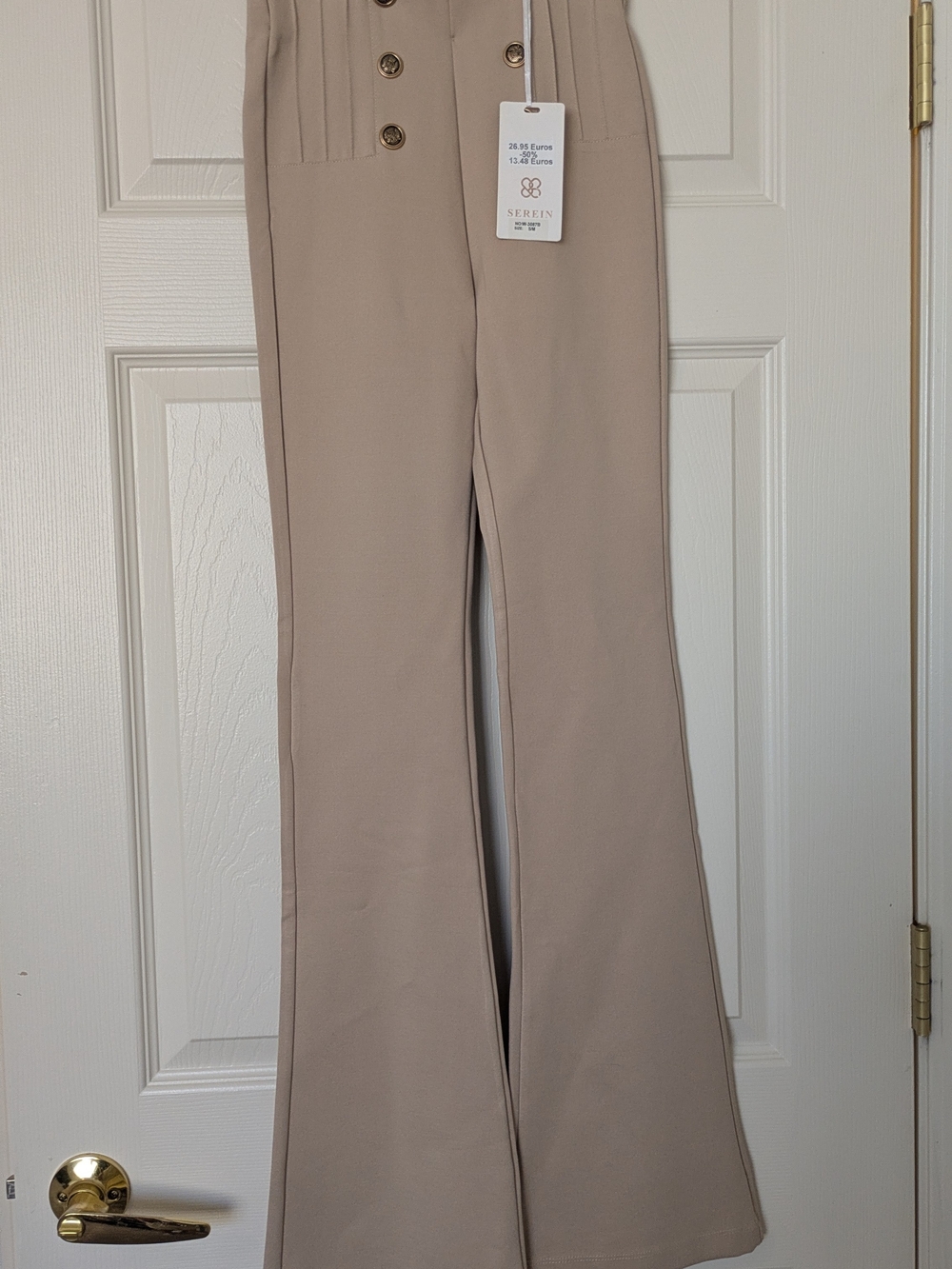 Serein High-Waist Button Detail Flare Pants - Taupe - Size S